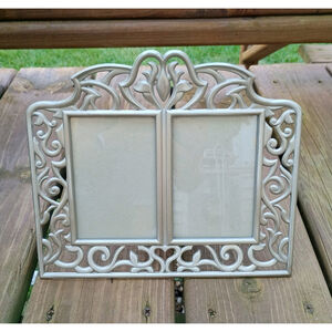 Vintage 1997 HB Group Double Picture Frame Pewter Tone Ornate Tabletop